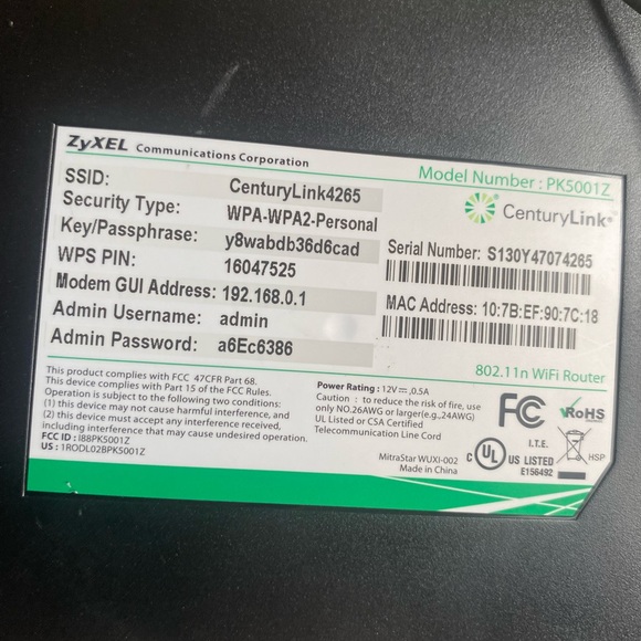 CenturyLink ZyXEL PK5001Z ADSL2 4-Port WiFi Router Modemn - Picture 6 of 7